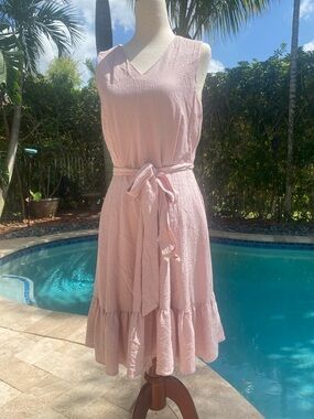 Calvin Klein Soft Pink Sleeveless V-Neck Belted Midi Dress